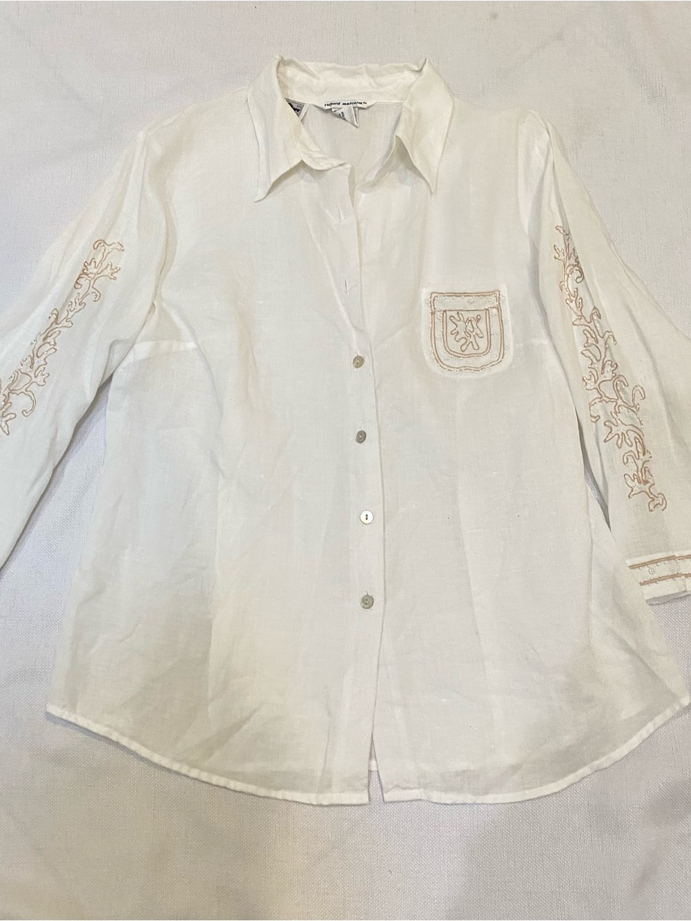 Richard Malcolm Irish Linen White Button Up Shirt Embroidery Beads L 3/4 Sleeve